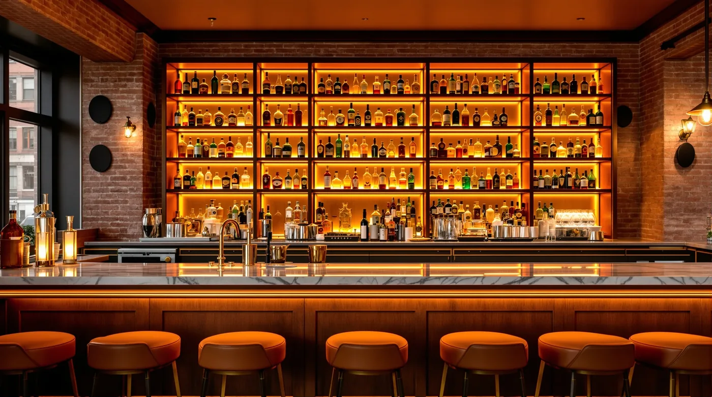 Backlit bar shelves and empty stools in a neighbourhood bar before service