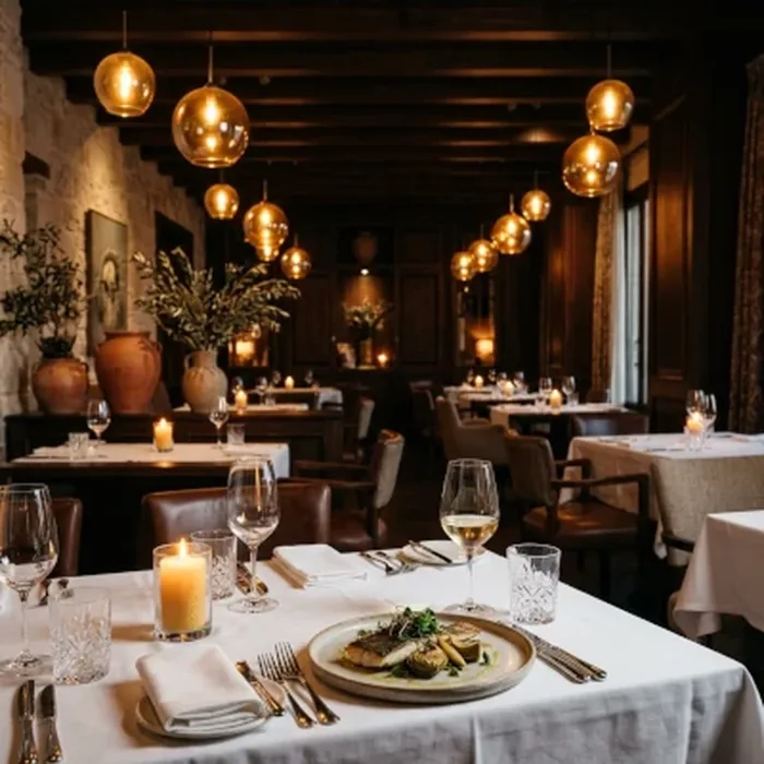 Candlelit restaurant dining room set for evening service with background music playing