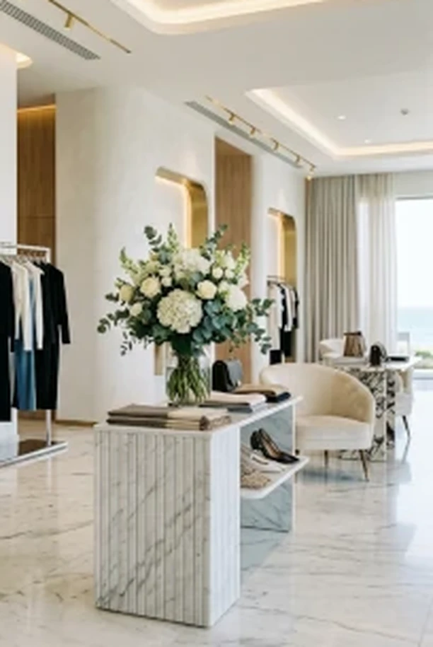 Bright boutique retail floor with garment racks and background music playing